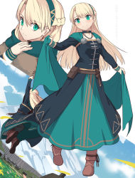 Rule 34 | 1girl, blonde hair, blush, boots, breasts, choker, collarbone, commentary request, dress, fate/grand order, fate (series), gerda (fate), green eyes, green hairband, hairband, jewelry, jumping, long hair, long sleeves, looking at viewer, medium breasts, mountainous horizon, multiple views, necklace, shiseki hirame, smile, translation request