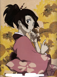 Rule 34 | 00s, 1girl, brown eyes, brown hair, female focus, fingernails, floral print, flower, fuu (samurai champloo), hair ornament, hairpin, highres, japanese clothes, kimono, long hair, looking at viewer, looking back, nail polish, open mouth, pointing, ponytail, raised hands, samurai champloo, solo, sunflower
