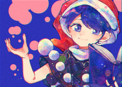 Rule 34 | 1girl, black capelet, blue background, blue eyes, blue hair, book, capelet, closed mouth, doremy sweet, dress, hat, holding, holding book, itomugi-kun, nightcap, open book, pom pom (clothes), red hat, short hair, smile, solo, touhou, upper body, white dress