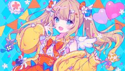 Rule 34 | 1girl, argyle, argyle background, argyle clothes, balloon, blonde hair, blue background, blue bow, blue eyes, bow, bowtie, candy, duck hair ornament, food, hand up, heart balloon, high-waist skirt, jacket, leaning back, light brown hair, lollipop, looking at viewer, multicolored hair, official art, open mouth, orange bow, orange bowtie, orange skirt, red bow, shirt, shuriken, skirt, smile, solo, streaked hair, string of flags, tatejima uri, two-tone bow, upper body, varium, virtual youtuber, watamiya ahiru, weapon, white shirt, wings, yellow jacket