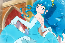 Rule 34 | 1girl, :3, blue bow, blue dress, blue eyes, blue gloves, blue hair, blush, bow, cure princess, dress, elbow gloves, from side, fuchi (nightmare), gloves, hair ornament, half-closed eyes, happinesscharge precure!, indoors, lens flare, long dress, long hair, looking at viewer, precure, shoulder blades, skirt hold, sleeveless, sleeveless dress, smug, solo, sparkle, standing, star (symbol), star hair ornament, strapless, strapless dress, striped, striped bow, very long hair