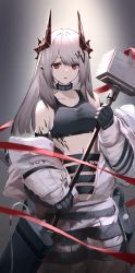 Rule 34 | 1girl, aizawa masaya, arknights, bare shoulders, black choker, black gloves, choker, commentary, cowboy shot, crop top, gloves, grey background, hammer, highres, holding, holding hammer, holding weapon, horns, infection monitor (arknights), long hair, long sleeves, looking at viewer, material growth, midriff, mudrock (arknights), mudrock (elite ii) (arknights), off shoulder, oripathy lesion (arknights), parted lips, pointy ears, red eyes, silver hair, solo, sports bra, standing, weapon