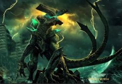 Rule 34 | apocalypse, artist request, bioluminescence, city, concept art, epic, giant, giant monster, glowing, glowing eyes, glowing mouth, kaijuu, legendary pictures, lightning, monster, ocean, official art, pacific rim, slattern