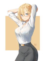 Rule 34 | 1girl, arms up, bespectacled, black skirt, blonde hair, blue eyes, blush, breasts, closed mouth, collared shirt, commentary, cowboy shot, dated, dress shirt, english commentary, glasses, yellow-framed eyewear, hair ornament, highres, hololive, hololive english, light smile, looking at viewer, medium breasts, orange background, shirt, short hair, signature, simple background, skirt, smile, solo, suiiryu, virtual youtuber, watson amelia, white shirt, wing collar