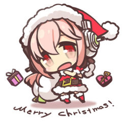 Rule 34 | 1girl, blush, chibi, christmas, gloves, hat, headphones, long hair, looking at viewer, lowres, minoa (lastswallow), nitroplus, open mouth, pink eyes, pink hair, sack, santa costume, santa hat, smile, solo, super sonico, thighhighs