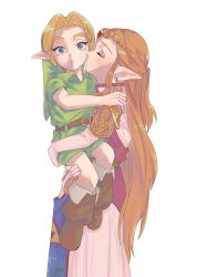Rule 34 | 1boy, 1girl, age difference, armor, belt, blonde hair, blue eyes, blush, boots, brown belt, brown footwear, carrying, child, circlet, closed eyes, closed mouth, collared shirt, dress, earrings, elbow gloves, eyebrows, eyeshadow, forehead jewel, full body, gloves, green headwear, hand on another&#039;s shoulder, hat, highres, jewelry, kiss, kissing cheek, link, long hair, looking at viewer, makeup, nintendo, parted bangs, pointy ears, princess zelda, profile, shirt, short hair, shoulder armor, sidelocks, simple background, size difference, standing, the legend of zelda, the legend of zelda: ocarina of time, triforce, triforce earrings, triforce print, tunic, white background, yamoooon21, young link