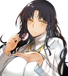 Rule 34 | 1girl, alternate costume, black hair, blush, breasts, closed mouth, coat, commentary request, dress, eating, facial mark, fate/extra, fate/extra ccc, fate/grand order, fate (series), forehead mark, highres, ice cream bar, jewelry, large breasts, long hair, long sleeves, looking at viewer, necklace, nishiide kengorou, open clothes, open coat, parted bangs, sessyoin kiara, simple background, white background, white coat, white dress, yellow eyes