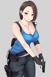 Rule 34 | 1girl, bare shoulders, belt, black gloves, blue eyes, blush, breasts, brown hair, capcom, cleavage, fingerless gloves, gloves, grey background, gun, handgun, highres, holding, holding gun, holding weapon, jewelry, jill valentine, large breasts, looking at viewer, necklace, parted lips, resident evil, resident evil 3, resident evil 3: nemesis, resident evil 3 (remake), short hair, simple background, sleeveless, solo, tank top, walkie-talkie, weapon, zonda (solid air)