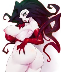 Rule 34 | 1girl, ass, black hair, breasts, elbow gloves, gloves, green eyes, highres, large breasts, lips, long hair, looking at viewer, mole, mole under eye, nipples, open mouth, pale skin, powerpuff girls, red gloves, sedusa, slugbox, solo, sweat, thighs