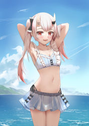 Rule 34 | 1girl, :d, absurdres, armpits, arms behind head, arms up, bikini, bikini skirt, black bow, black ribbon, blue bikini, blue skirt, blue sky, bow, breasts, cleavage, collarbone, cowboy shot, fangs, frilled bow, frills, gradient hair, groin, hair bow, highres, hololive, horns, long hair, looking at viewer, miniskirt, multicolored hair, nakiri ayame, nakiri ayame (hololive summer 2019), navel, ocean, oni, open mouth, outdoors, pink hair, plaid, plaid skirt, red eyes, ribbon, see-through silhouette, side-tie bikini bottom, silver hair, skin-covered horns, skirt, sky, small breasts, smile, solo, standing, striped bikini, striped clothes, summer, swimsuit, vertical-striped bikini, vertical-striped clothes, virtual youtuber, wasami