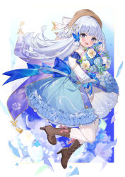 Rule 34 | 1girl, absurdres, ayaka (genshin impact), back bow, blue bow, blue dress, blue eyes, blue hair, blunt bangs, blush, boots, border, bouquet, bow, braid, brown footwear, butterfly hair ornament, cross-laced footwear, dress, floral background, flower, frilled dress, frills, genshin impact, hair down, hair flower, hair ornament, hat, hat ribbon, high heel boots, high heels, highres, holding, holding bouquet, holding flower, kamisato ayaka, kamisato ayaka (springbloom missive), knee boots, knees up, light blue hair, long sleeves, looking at viewer, mole, mole under eye, official alternate costume, open mouth, pantyhose, ribbon, smile, solo, white border, white pantyhose, white ribbon, yuia