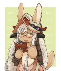 Rule 34 | 1other, :d, ambiguous gender, animal ears, bad id, bad twitter id, bespectacled, blush, body fur, book, commentary request, furry, glasses, highres, holding, holding book, horizontal pupils, horns, kawasemi27, looking at viewer, made in abyss, nanachi (made in abyss), open book, open mouth, short hair with long locks, sidelocks, simple background, smile, solo, tail, whiskers, white hair, yellow eyes