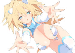Rule 34 | 1girl, blonde hair, blue eyes, breasts, commentary request, crop top, detached sleeves, foreshortening, hair between eyes, hair intakes, hanging breasts, incoming hug, kz oji, large breasts, long hair, looking at viewer, maebari, open mouth, original, outstretched arms, pasties, revealing clothes, simple background, skindentation, solo, thighhighs, thighs, two side up, white background, white thighhighs