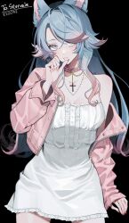 Rule 34 | 1girl, animal ears, artist name, black background, blue hair, breasts, buttons, center frills, character name, colored tips, cross, cross necklace, dress, eigoni, fingernails, frills, grey eyes, indie virtual youtuber, jacket, jewelry, multicolored hair, necklace, open clothes, open jacket, pink hair, pink jacket, second-party source, sharp fingernails, silvervale, solo, virtual youtuber, white dress, wolf ears, wolf girl, zipper