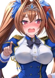 Rule 34 | 1girl, aiguillette, animal ears, blue bow, blue dress, blush, bow, bowtie, breasts, brown hair, center frills, daiwa scarlet (umamusume), dress, epaulettes, frills, hair bow, hair intakes, hand on own hip, horse ears, horse girl, horse tail, juliet sleeves, large breasts, long hair, long sleeves, looking to the side, p answer, pointing, pointing at viewer, puffy sleeves, red bow, red eyes, solo, tail, tiara, twintails, umamusume, underbust, very long hair