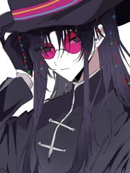 Rule 34 | 1boy, beads, black eyes, black gloves, black hair, black hat, black jacket, character request, chinese commentary, closed mouth, commentary request, copyright request, glasses, gloves, hand on headwear, hat, highres, jacket, long hair, lu xian, male focus, pale skin, pink-framed eyewear, round eyewear, simple background, solo, white background