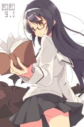 Rule 34 | 1girl, anglerfish, bespectacled, black hair, black neckerchief, black skirt, blouse, book, brown eyes, clothes lift, commentary, cowboy shot, dated, emblem, fish, from behind, girls und panzer, glasses, hairband, holding, holding book, long hair, long sleeves, looking at viewer, looking back, miniskirt, neckerchief, ooarai school uniform, parted lips, pleated skirt, red-framed eyewear, reizei mako, sailor collar, school uniform, semi-rimless eyewear, serafuku, shirt, skirt, skirt lift, solo, standing, tom q (tomtoq), under-rim eyewear, white background, white hairband, white sailor collar, white shirt, wind, wind lift