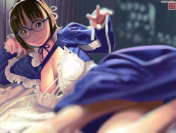 Rule 34 | 1girl, arm support, black hair, blue-framed eyewear, blue dress, blue ribbon, blunt bangs, blurry, breasts, brown eyes, closed mouth, commentary request, cross-laced clothes, depth of field, dress, frills, glasses, hairband, head rest, lace-trimmed sleeves, lace trim, large breasts, logo, long sleeves, looking at viewer, loose clothes, lying, maid, on bed, on side, original, ribbon, round teeth, shade, short hair, smile, solo, teeth, untied, watermark, web address, white ribbon, yasumori zen