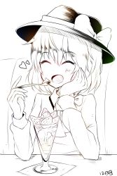 Rule 34 | 1girl, bow, head rest, eating, food, fruit, fuente, hair bow, happy, hat, highres, ice cream, monochrome, necktie, open mouth, ribbon, short hair, smile, solo, strawberry, touhou, usami renko