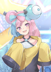 Rule 34 | 1girl, absurdres, aisu (icicleshot), bare shoulders, black jacket, blue hair, bow-shaped hair, character hair ornament, collarbone, creatures (company), game freak, gen 1 pokemon, glint, grey shirt, hair ornament, highres, iono (pokemon), jacket, light blue hair, light blush, long sleeves, looking at viewer, magnemite, multicolored clothes, multicolored hair, multicolored jacket, nintendo, open mouth, oversized clothes, pink eyes, pink hair, pokemon, pokemon gym, pokemon sv, raised eyebrows, sharp teeth, shirt, sleeveless, sleeveless shirt, sleeves past fingers, sleeves past wrists, solo, split-color hair, teeth, two-tone hair, two-tone jacket, very long sleeves, x, yellow jacket