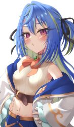 Rule 34 | 1girl, balflear (oe19nlud), belt, black ribbon, blue hair, blue skirt, blush, bow, bowtie, breasts, brown belt, buttons, chest belt, closed mouth, coat, crop top, frilled sleeves, frills, green brooch, green hair, hair between eyes, hair intakes, hair ribbon, hands on own hips, highres, long hair, long sleeves, looking at viewer, medium bangs, midriff, mole, mole under eye, multicolored hair, nanashi inc., navel, open clothes, open coat, orange bow, orange bowtie, pink eyes, pout, ribbon, shirt, simple background, skirt, small breasts, solo, striped clothes, striped shirt, suzumi nemo, suzumi nemo (1st costume), two-tone hair, two side up, upper body, vertical-striped clothes, vertical-striped shirt, virtual youtuber, white background, white coat, white shirt