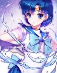 Rule 34 | 1girl, asymmetrical bangs, back bow, bishoujo senshi sailor moon, blouse, blue bow, blue choker, blue eyes, blue hair, blue sailor collar, blue skirt, blurry, blush, bow, brooch, c:, choker, closed mouth, depth of field, earrings, eyes visible through hair, female focus, hand up, heart, heart brooch, highres, inner senshi, jewelry, looking at viewer, magical girl, mizuno ami, neck, necklace, pleated skirt, revision, sa (h28085), sailor collar, sailor mercury, see-through, shirt, short hair, skirt, smile, solo, star (symbol), star necklace, super sailor mercury, tiara, water, white shirt