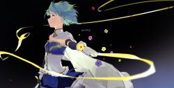 Rule 34 | 1girl, artist name, blue eyes, blue hair, cape, closed mouth, commentary request, flower, fortissimo, from side, gloves, hair ornament, highres, holding, holding ribbon, holding sword, holding weapon, magical girl, mahou shoujo madoka magica, mahou shoujo madoka magica (anime), miki sayaka, miki sayaka (magical girl), musical note, musical note hair ornament, ribbon, short hair, solo, sword, un nm5sy, upper body, weapon, white cape, white gloves, yellow ribbon