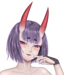 Rule 34 | 1girl, bad id, bad pixiv id, blunt bangs, bob cut, fangs, fate/grand order, fate (series), fingernails, half-closed eyes, horns, long fingernails, looking at viewer, nude, oni, out-of-frame censoring, portrait, purple eyes, purple hair, short hair, shuten douji (fate), simple background, solo, suggestive fluid, tenyoshi (briansept), thick eyebrows, white background