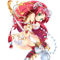 Rule 34 | 1girl, armor, ass, back, blush, breasts, covered erect nipples, green eyes, hair ornament, large breasts, long hair, looking at viewer, naginata, polearm, ponytail, red hair, sekine irie, smile, solo, thick thighs, thighs, tongue, weapon, white background