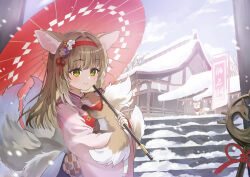 Rule 34 | 1girl, absurdres, animal, animal ears, architecture, arknights, blonde hair, blush, closed mouth, coin purse, commentary, east asian architecture, flower, fox, fox ears, fox girl, fox tail, hair flower, hair ornament, hairband, highres, holding, holding animal, holding umbrella, japanese clothes, kimono, kitsune, kyuubi, long hair, long sleeves, multiple tails, official alternate costume, oil-paper umbrella, pink kimono, red hairband, red umbrella, shan (ti0n), smile, snow, solo, suzuran (arknights), suzuran (yukibare) (arknights), tail, umbrella, upper body, white flower, winter, yagasuri