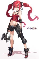 Rule 34 | 1girl, asymmetrical clothes, asymmetrical legwear, asymmetrical pants, axe, bare shoulders, black footwear, black pants, black ribbon, boots, breasts, camisole, commentary request, cross-laced footwear, cz75 (girls&#039; frontline), cz 75, fingerless gloves, full body, girls&#039; frontline, gloves, groin, gun, hair between eyes, hair ornament, hair ribbon, hairclip, handgun, highres, holding, holding axe, holding gun, holding weapon, karukan (monjya), lace-up boots, long hair, looking at viewer, navel, open mouth, pants, pistol, red camisole, red eyes, red hair, revision, ribbon, scope, sidelocks, small breasts, solo, standing, tomahawk, twintails, uneven legwear, v-shaped eyebrows, very long hair, weapon, white background