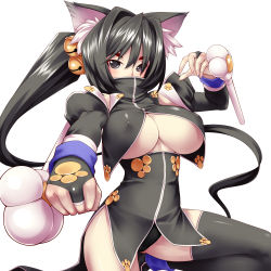 Rule 34 | 1girl, animal ears, bell, black eyes, black hair, black thighhighs, blush, breasts, bridal gauntlets, cameltoe, cat ears, china dress, chinese clothes, cleavage, covered erect nipples, covering face, covering own mouth, covering privates, dog ears, dress, dual wielding, high collar, highres, hip focus, holding, huge breasts, jingle bell, large breasts, leg lift, leg up, long hair, narrow waist, nunchaku, original, paw print, ponytail, shirt, simple background, skirt, solo, thighhighs, tonfa, tro, twintails, underboob, weapon, white background, wide hips