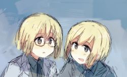 Rule 34 | 2girls, :o, bad id, bad twitter id, blonde hair, bob cut, erica hartmann, glasses, grey eyes, lab coat, light brown hair, military, military uniform, multicolored hair, multiple girls, ohashi (hashidate), open mouth, short hair, siblings, sisters, sketch, strike witches, strike witches: suomus misfits squadron, twins, two-tone hair, uniform, ursula hartmann, world witches series
