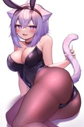 Rule 34 | 1girl, absurdres, ahoge, animal collar, animal ears, ass, bare shoulders, black leotard, blush, breasts, cat ears, cat girl, cat tail, cleavage, collar, deaver, fang, highres, holding own tail, hololive, leotard, looking at viewer, lying, medium breasts, nekomata okayu, on side, open mouth, pantyhose, pink hair, playboy bunny, purple eyes, rabbit ears, short hair, sitting, smile, solo, tail, thighs, virtual youtuber, yokozuwari