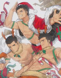 Rule 34 | 3boys, antlers, bara, black hair, blue eyes, candy, candy cane, christmas, facial hair, food, green ribbon, grin, hat, highres, holding, holding candy, holding candy cane, holding food, holding sack, horns, hunterkay, large pectorals, male focus, mature male, multiple boys, muscular, muscular male, navel, one eye closed, original, pectorals, red headwear, reindeer antlers, revealing clothes, ribbon, sack, santa costume, santa hat, scar, short hair, sideburns stubble, smile, snowing, stubble, thick eyebrows, toned