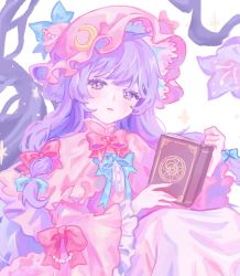 Rule 34 | 1girl, bad id, bad twitter id, blue bow, blue bowtie, book, bow, bowtie, buttons, closed mouth, crescent, crescent hat ornament, double bun, dress, flower, frills, hair bow, hair bun, hat, hat bow, hat ornament, highres, long hair, long sleeves, looking at viewer, mew (mewrurirun), mob cap, open book, patchouli knowledge, pink bow, pink bowtie, pink dress, pink hat, purple eyes, purple flower, purple hair, shirt, sitting, solo, star (symbol), touhou, white background, white shirt, wide sleeves