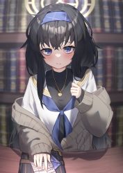 Rule 34 | 1girl, black hair, black shirt, blue archive, blue eyes, blurry, blurry background, blush, book, bookshelf, card, cardigan, closed mouth, e buki, hairband, halo, highres, jewelry, long hair, looking at viewer, off shoulder, pendant, raised eyebrows, sailor collar, shirt, solo, table, turtleneck, ui (blue archive), white shirt