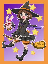 Rule 34 | 1girl, :d, black cape, black footwear, black hat, black shirt, black skirt, bloomers, blouse, blue eyes, boots, border, broom, broom riding, brown hair, cape, commentary, cross-laced footwear, floating, girls und panzer, halloween, hat, jack-o&#039;-lantern print, knife, lace-up boots, looking at viewer, miniskirt, open mouth, orange bloomers, orange border, outline, pointy footwear, rabbit, sakaguchi karina, shirt, short hair, skirt, smile, solo, star (symbol), star print, starry background, takahashi kurage, underwear, white outline, witch hat