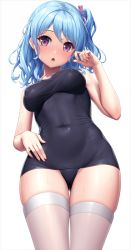 Rule 34 | 1girl, bang dream!, bare arms, bare shoulders, black one-piece swimsuit, blue hair, breasts, chestnut mouth, commentary request, covered erect nipples, covered navel, cowboy shot, from below, groin, hair ribbon, hand up, lambda (kusowarota), looking at viewer, looking down, matsubara kanon, medium breasts, medium hair, one-piece swimsuit, one side up, parted lips, purple eyes, purple ribbon, ribbon, school swimsuit, simple background, skindentation, solo, standing, sweat, swimsuit, thigh gap, thighhighs, wavy hair, white background, white thighhighs