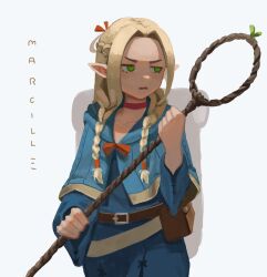 Rule 34 | 1girl, blonde hair, blue capelet, blue eyes, blue robe, braid, cape, capelet, dungeon meshi, elf, green eyes, hair around ear, highres, holding, holding staff, marcille donato, pointy ears, robe, sleepy ssr, sousou no frieren, staff