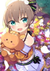 Rule 34 | 1girl, :d, ahoge, blurry, blurry background, blush, brown hair, cat hair ornament, collarbone, commentary request, depth of field, fang, green eyes, hair between eyes, hair ornament, highres, hololive, jacket, looking at viewer, natsuiro matsuri, natsuiro matsuri (1st costume), navel, hugging object, off-shoulder jacket, off shoulder, okota mikan, open mouth, orange jacket, pleated skirt, puffy short sleeves, puffy sleeves, short sleeves, side ponytail, sidelocks, skirt, smile, solo, stuffed animal, stuffed squirrel, stuffed toy, virtual youtuber, white skirt