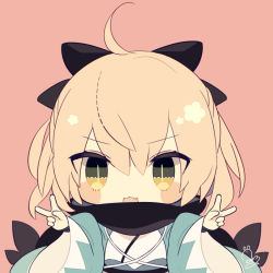 Rule 34 | 1girl, :3, :d, black bow, black scarf, blush stickers, bow, brown background, chibi, double v, fang, fate/grand order, fate (series), hair between eyes, hair bow, japanese clothes, kimono, koha-ace, light brown hair, long sleeves, mimo lm, obi, okita souji (fate), okita souji (koha-ace), open clothes, open mouth, outstretched arms, sash, scarf, signature, simple background, smile, solo, upper body, v, white kimono, wide sleeves, yellow eyes