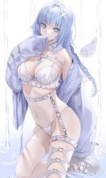 Rule 34 | 1girl, asymmetrical legwear, bare shoulders, belt, blue eyes, blue hair, bra, braid, breasts, buckle, choker, cleavage, coat, commentary, covering own mouth, cross, cross-laced footwear, detached wings, frilled bra, frills, groin, hair flaps, hair ornament, hand up, heart, heart o-ring, highleg, highleg panties, highres, kneeling, large breasts, medium breasts, mismatched legwear, navel piercing, off shoulder, ompf, open clothes, open coat, original, panties, piercing, platform footwear, purple coat, raised eyebrows, safety pin, single thighhigh, sleeves past wrists, solo, string panties, studded choker, swimsuit, symbol-only commentary, thigh belt, thigh strap, thighhighs, underwear, water, white belt, white bra, white choker, white footwear, white panties, white thighhighs, wings, x hair ornament