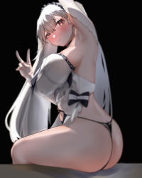 Rule 34 | 1girl, 1z10, absurdres, armpits, ass, azur lane, black background, black panties, blush, breasts, dress, formidable (azur lane), formidable (timeless classics) (azur lane), hand up, highres, large breasts, long hair, looking to the side, official alternate costume, open mouth, orange eyes, panties, platinum blonde hair, sideboob, sitting, smile, solo, underwear, v, white dress