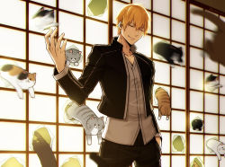 Rule 34 | 1boy, blazer, blonde hair, cat, commentary request, cowboy shot, dress shirt, closed eyes, fate/stay night, fate (series), gate of babylon (fate), gilgamesh (fate), jacket, male focus, nakamura hiro (nobody10ch), official alternate costume, parody, pun, shirt, shouji, sliding doors, too many, too many cats