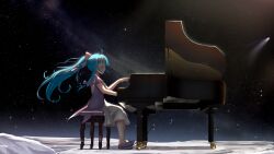 Rule 34 | absurdres, blue hair, closed eyes, dress, galaxy, grand piano, highres, indie virtual youtuber, instrument, merak (vtuber), music, piano, piano bench, playing instrument, playing piano, ponytail, purple dress, purple footwear, shooting star, sitting, sky, space, star (sky), starry sky, two-tone dress, virtual youtuber, white clover (unfy8472), white dress