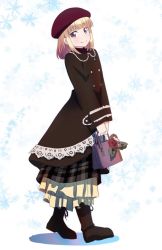 Rule 34 | 1girl, bag, blonde hair, blush, boots, brown dress, brown footwear, closed mouth, commentary request, dress, from side, full body, hat, holding, iijima yun, long sleeves, makicha (sasurainopink), new game!, red eyes, red hat, short hair, smile, solo, standing, v arms, walking