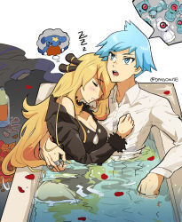 Rule 34 | 1boy, 1girl, alternate color, beldum, blonde hair, blush, bottle, breasts, cleavage, closed eyes, clothed bath, coat, collared shirt, commentary request, creatures (company), cynthia (pokemon), eyelashes, fur-trimmed coat, fur trim, game freak, garchomp, gen 3 pokemon, gen 4 pokemon, goro orb, hair ornament, highres, jewelry, large breasts, long hair, long sleeves, mixed-sex bathing, nintendo, petals, pokemon, pokemon dppt, pokemon oras, ring, same-sex bathing, shared bathing, shiny pokemon, shirt, steven stone, thought bubble, twitter username, water, watermark, white shirt
