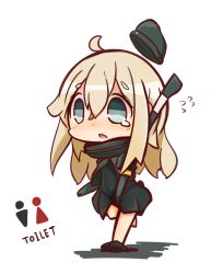 Rule 34 | 10s, 1girl, ahoge, blue eyes, chibi, commentary request, covering privates, covering crotch, flying sweatdrops, garrison cap, hat, have to pee, kantai collection, long hair, looking at viewer, nuu (nu-nyu), running, silver hair, solo, tearing up, toilet symbol, u-511 (kancolle)