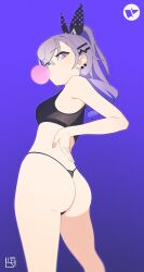 Rule 34 | 1girl, ass, breasts, blowing bubbles, chewing gum, crop top, drill hair, drill ponytail, earrings, from behind, gradient background, grey eyes, grey hair, hair between eyes, highres, honkai: star rail, honkai (series), jewelry, looking at viewer, looking back, ponytail, purple background, silver wolf (honkai: star rail), small breasts, solo, sports bra, thong, underwear, yan wan